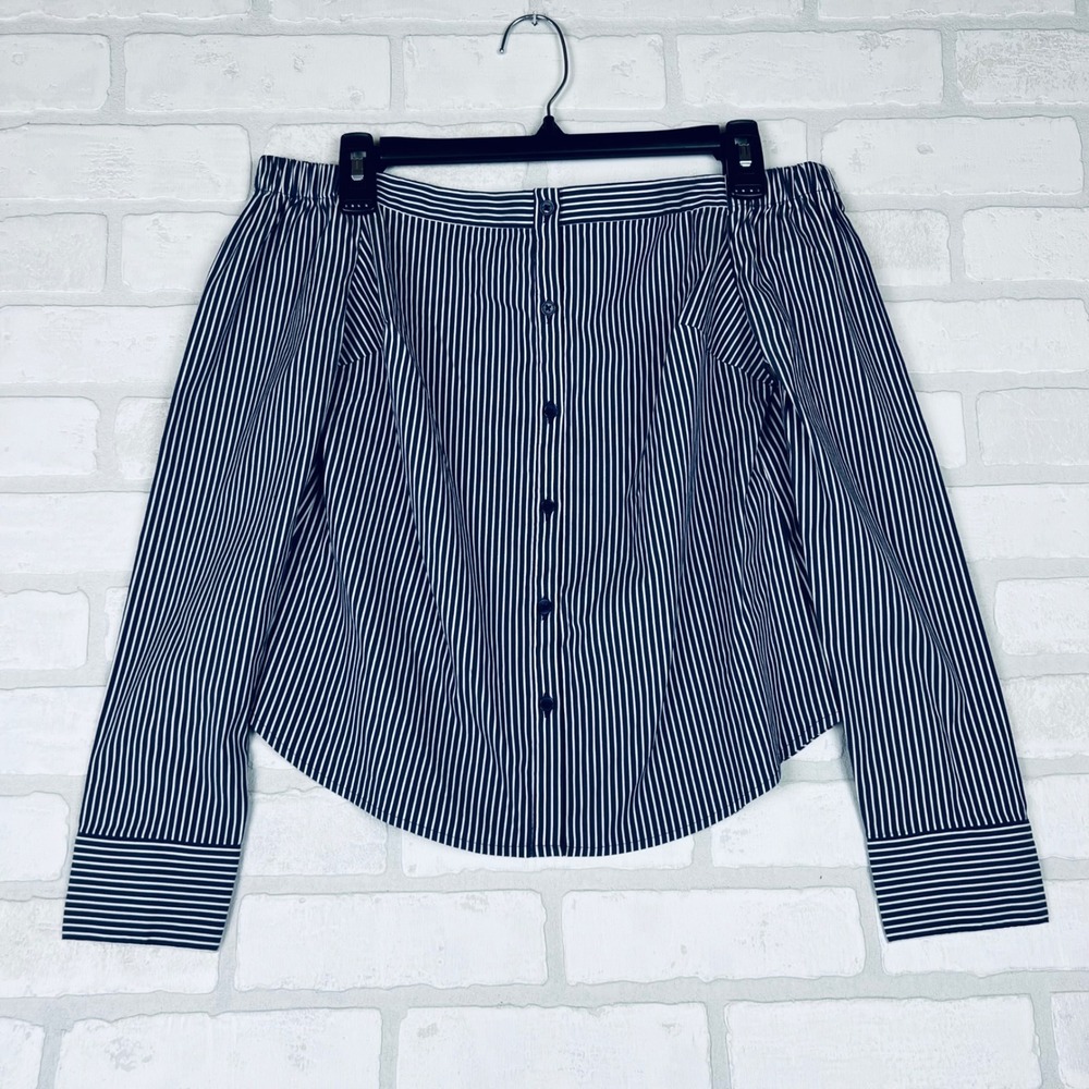 Express Navy Blue White Striped Off The Shoulder Button Down Blouse Top Women XS